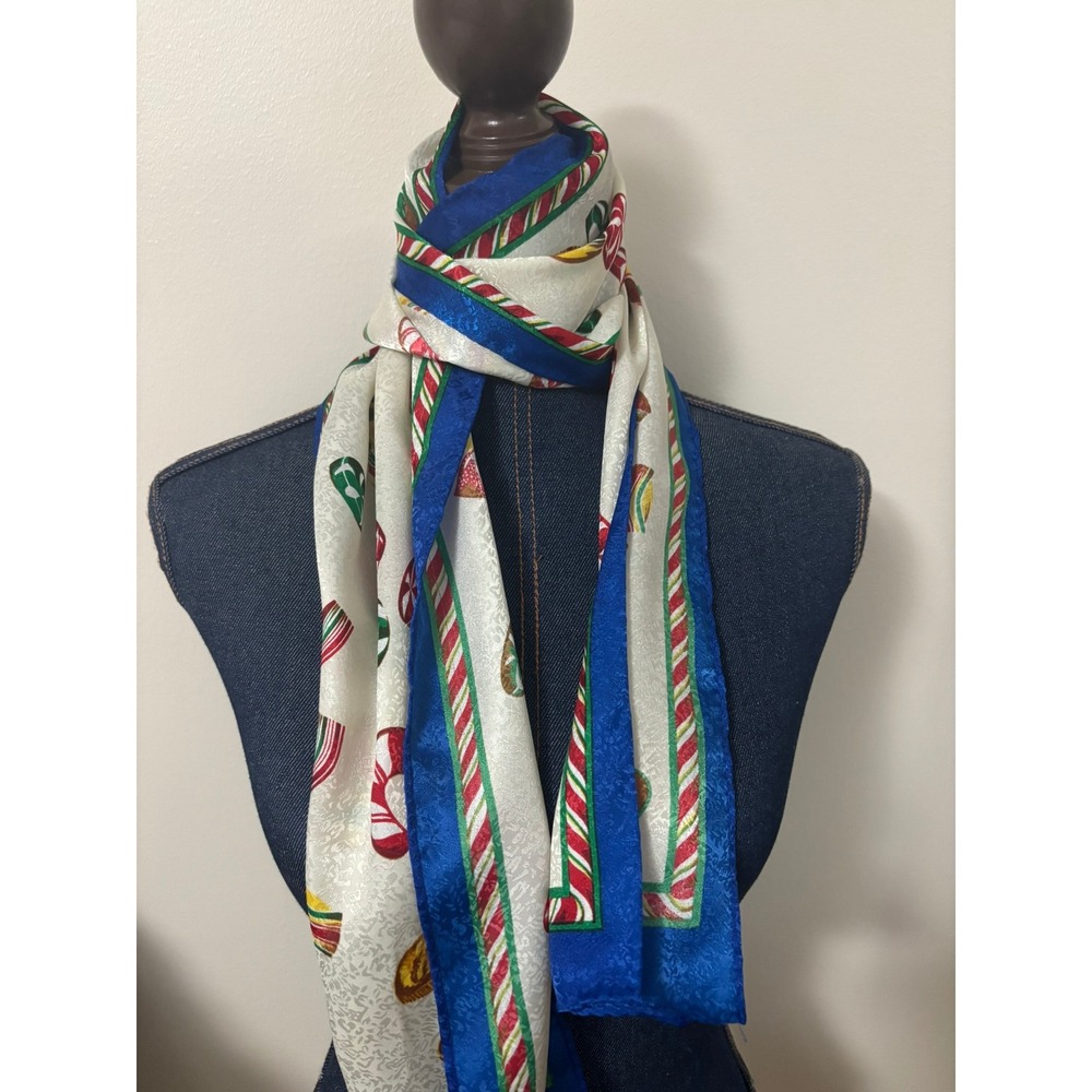 Vintage Christmas Candy Cane Ribbon Candy Satin Scarf Blue Ivory Holiday 50x10